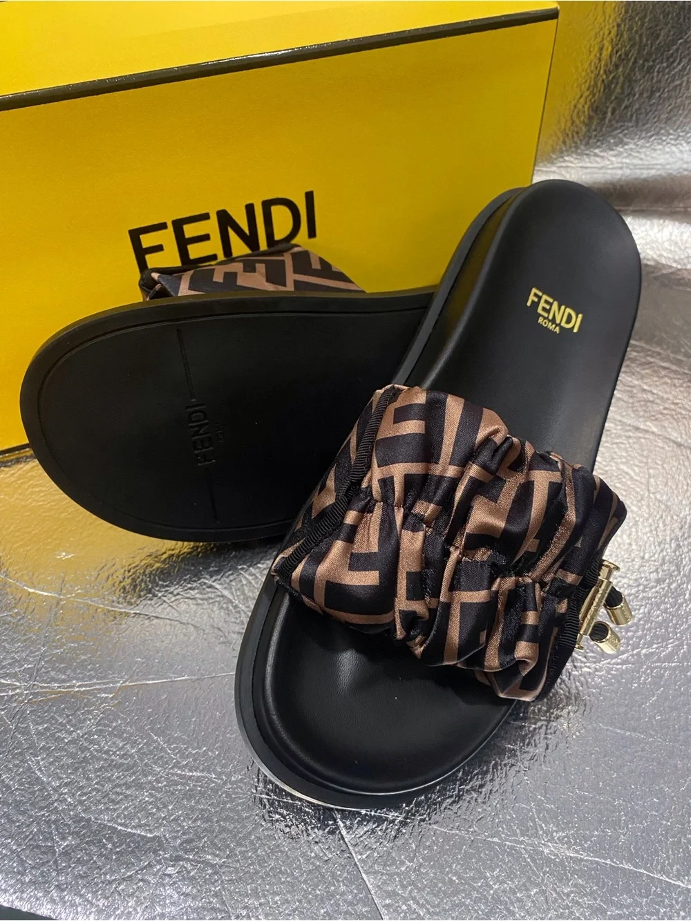 Fendi Brown Monogram Scrunch Slide Sandals